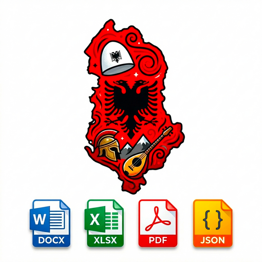 Decorative map of Albania, surrounded by file format icons on a white background.