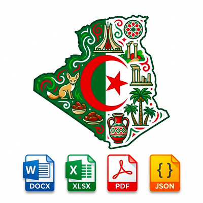 Map of Algeria with cultural symbols and file format icons on a white background