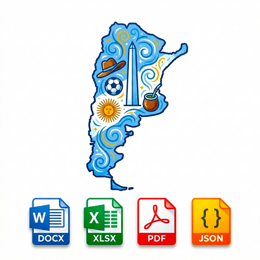 Map of Argentina with cultural symbols and file format icons on a white background