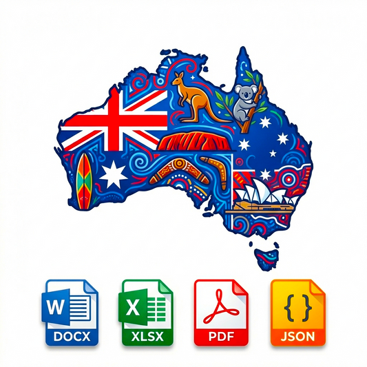 Map of Australia with Australian flag and icons, surrounded by file format icons on a white background.