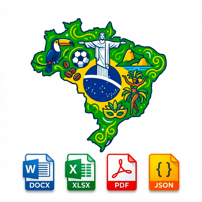 Map of Brazil with cultural symbols and file format icons on a white background