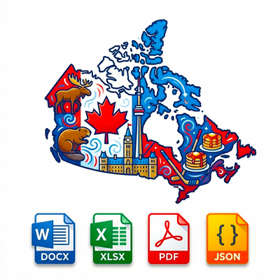 Map of Canada with cultural icons and file format icons on a white background