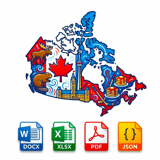 Map of Canada with cultural icons and file format icons on a white background
