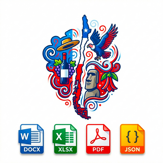 Decorative map of Chile, accompanied by file format icons.