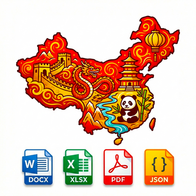 Map of China with cultural elements and file format icons on a white background