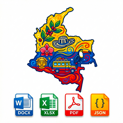 Colorful map of Colombia with icons and file format icons on a white background