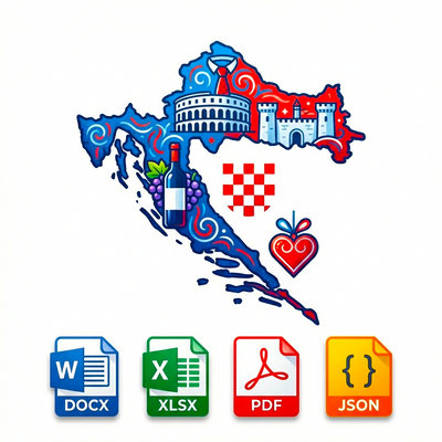 Map of Croatia with cultural icons and file format icons on a white background