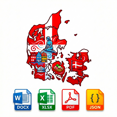 Map of Denmark with Danish flags and symbols, featuring file format icons at the bottom.