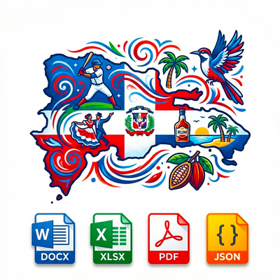 Colorful graphic of a map with Puerto Rican symbols and file format icons at the bottom.