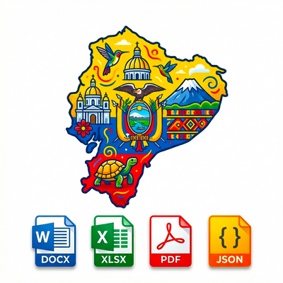 Colorful map of Ecuador with national symbols and icons for DOCX, XLSX, PDF, and JSON files at the bottom.