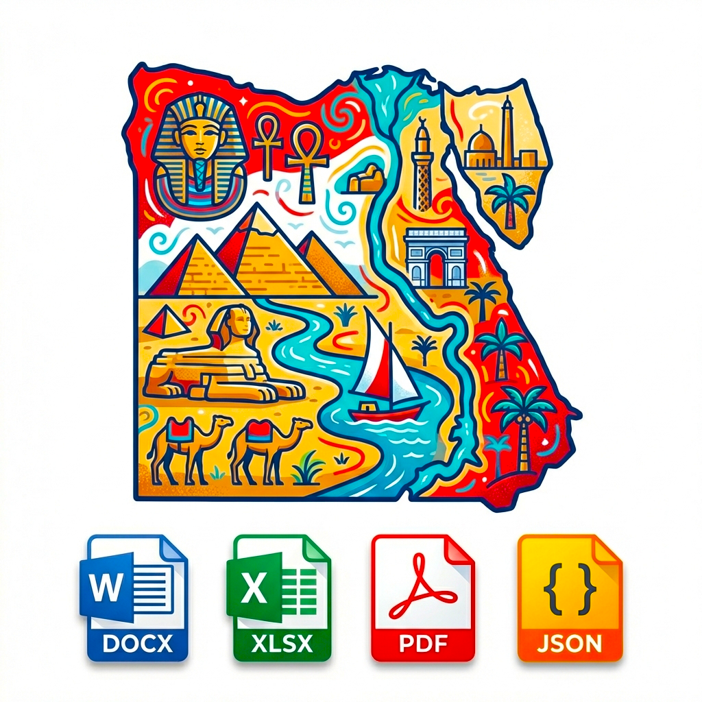 Colorful map of Egypt with landmarks and icons below representing DOCX, XLSX, PDF, and JSON file formats.