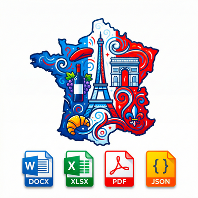 Colorful map of France with cultural symbols and file format icons on a white background