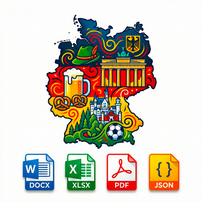 Colorful map of Germany with icons and file format icons at the bottom.