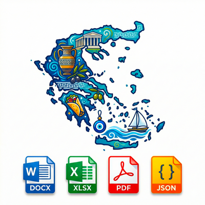 Map of Greece with cultural symbols and file format icons on a white background