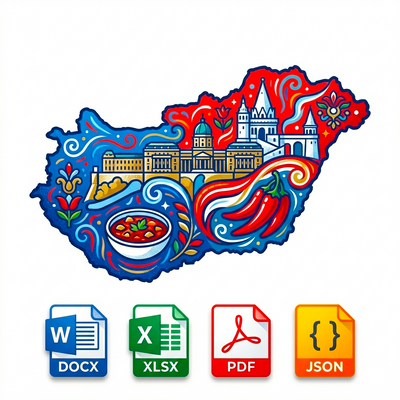 Colorful map of Hungary with cultural elements and file format icons at the bottom.