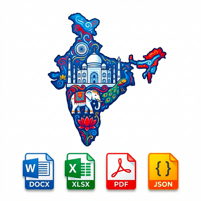 Map of India with cultural elements and file format icons on a white background