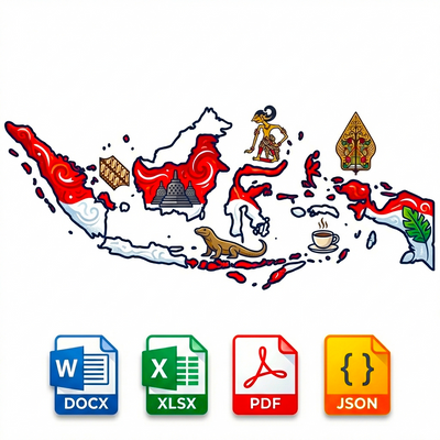 Map of Indonesia with cultural icons and file format icons on a white background