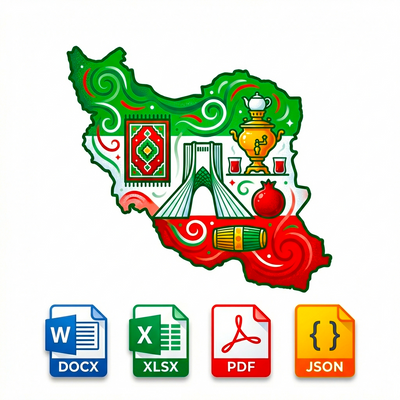 Decorative map of Iran with cultural symbols and icons below on a white background