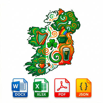 Decorative map of Ireland with Irish symbols and icons for DOCX, XLSX, PDF, and JSON files on a white background.