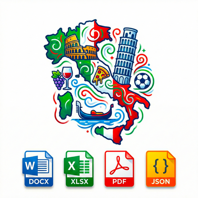 Map of Italy with Italian landmarks and file format icons on a white background