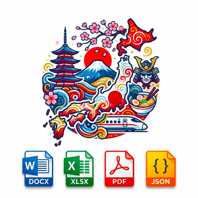 Colorful illustration of Japanese-themed elements with file format icons at the bottom.