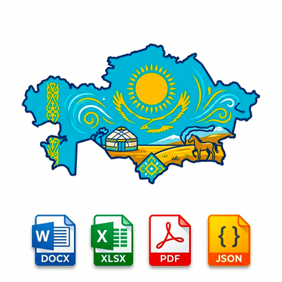 Map of Kazakhstan with a sun and traditional elements, followed by file format icons DOCX, XLSX, PDF, and JSON.