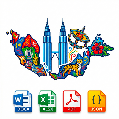 Colorful map of Malaysia with landmarks and icons, followed by file format icons.