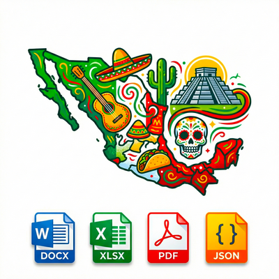 Colorful map of Mexico with cultural symbols and file format icons on a white background