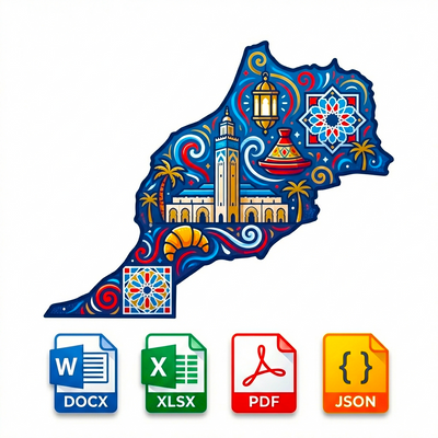 Colorful map of Morocco with architectural elements and file format icons on a white background
