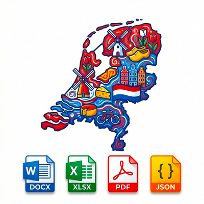 Map of the Netherlands with Dutch symbols and file format icons on a white background