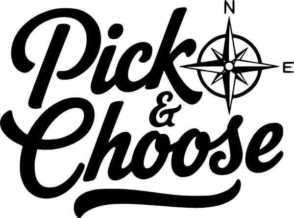Logo with 'Pick & Choose' text and a compass rose on a white background