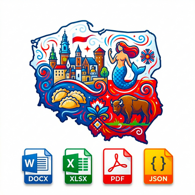Map of Poland with cultural symbols and icons at the bottom