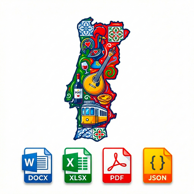 Colorful map of Portugal with cultural icons and file format icons on a white background