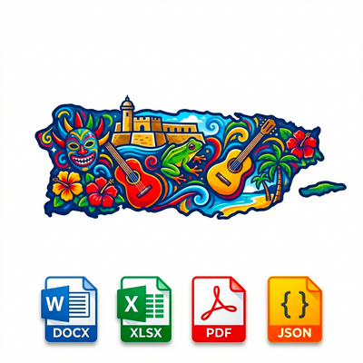 Colorful map of Puerto Rico with musical instruments and flowers, featuring file format icons below.