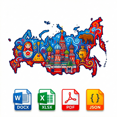 Map of Russia with colorful design elements and icons for DOCX, XLSX, PDF, and JSON files.
