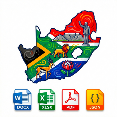 Map of South Africa with cultural symbols and icons below on a white background