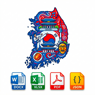 Colorful graphic with traditional elements of South Korea and file format icons on a white background