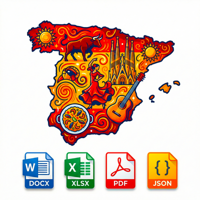 Map of Spain with cultural icons and file format icons below on a white background