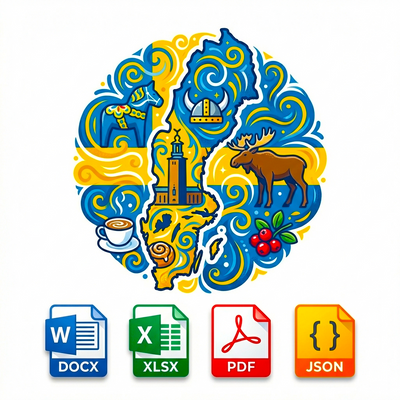 Colorful illustration of a stylized map of Sweden with symbols, followed by icons for DOCX, XLSX, PDF, and JSON files.