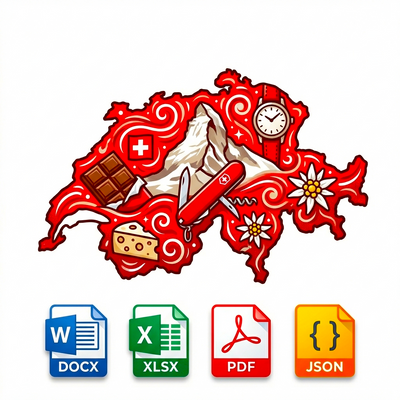 Decorative emblem with Swiss elements and file format icons on a white background