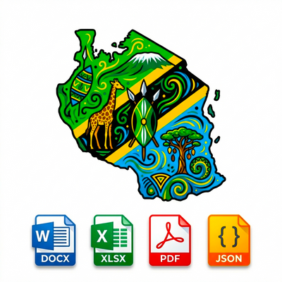 Colorful map of Tanzania with wildlife illustrations and file format icons below on a white background