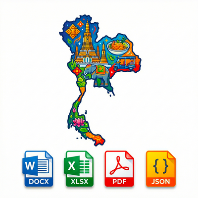 Colorful map of Thailand with cultural icons and file format icons on a white background