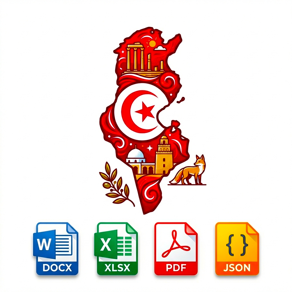 Map of Tunisia with architectural elements and file format icons on a white background