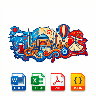 Colorful graphic of turkey with cultural elements and file format icons on a white background