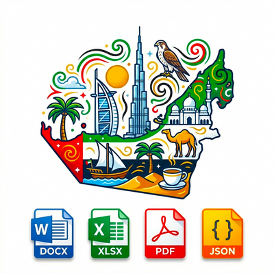 Colorful illustration of the UAE map with architectural elements and icons below on a white background
