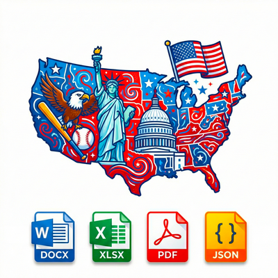Map of the United States with American symbols and file format icons on a white background