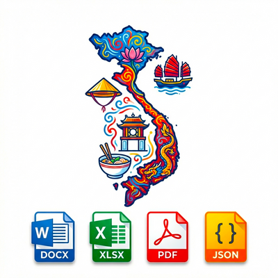 Colorful illustration of Vietnam with cultural elements and icons for DOCX, XLSX, PDF, and JSON files.